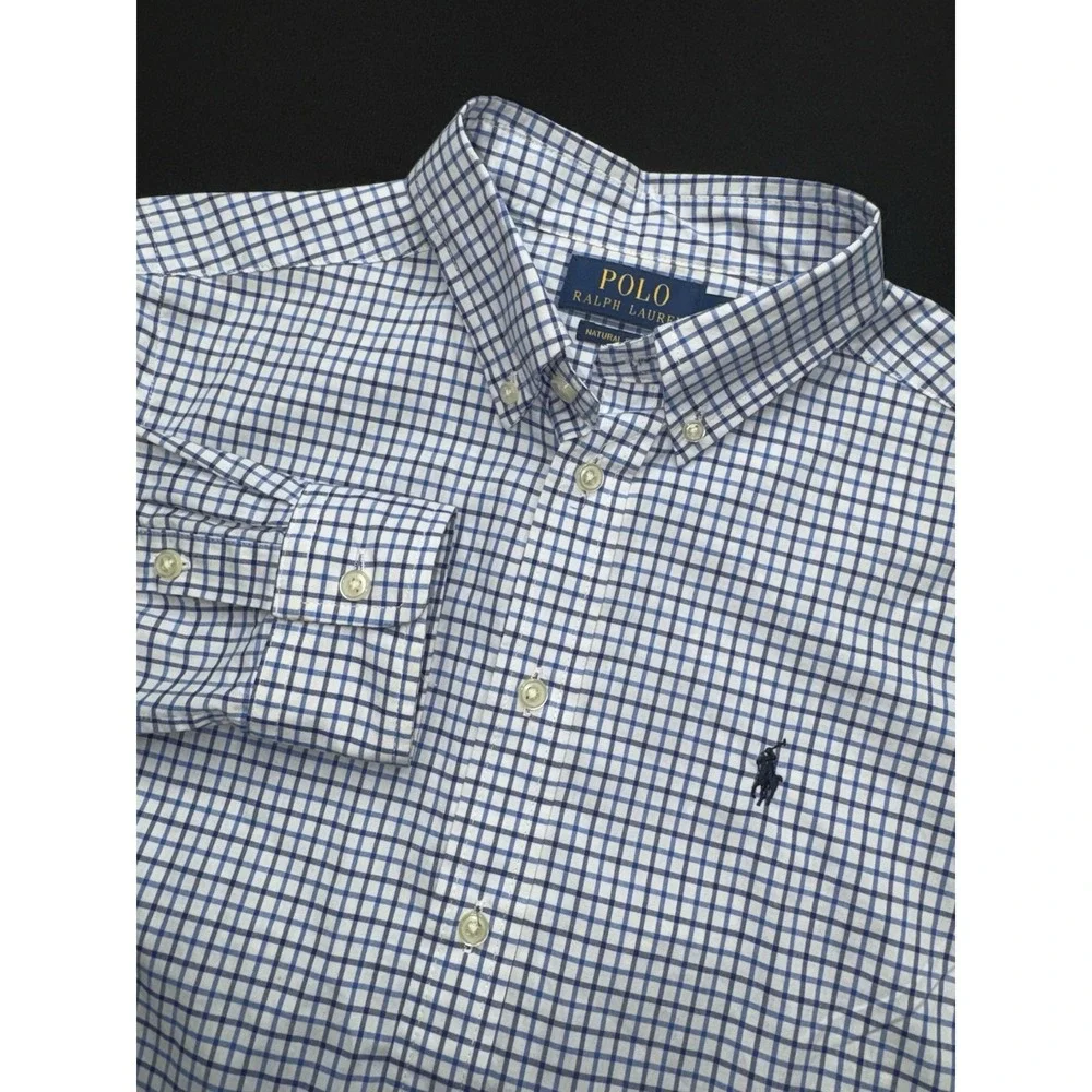Ralph Lauren Boys Natural Stretch Blue White Check Button Down Shirt Large 14-16
